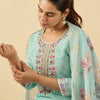 Dhiyona IE Floral Embroidered Linen Thread Work Straight Kurta & Trousers & Dupatta