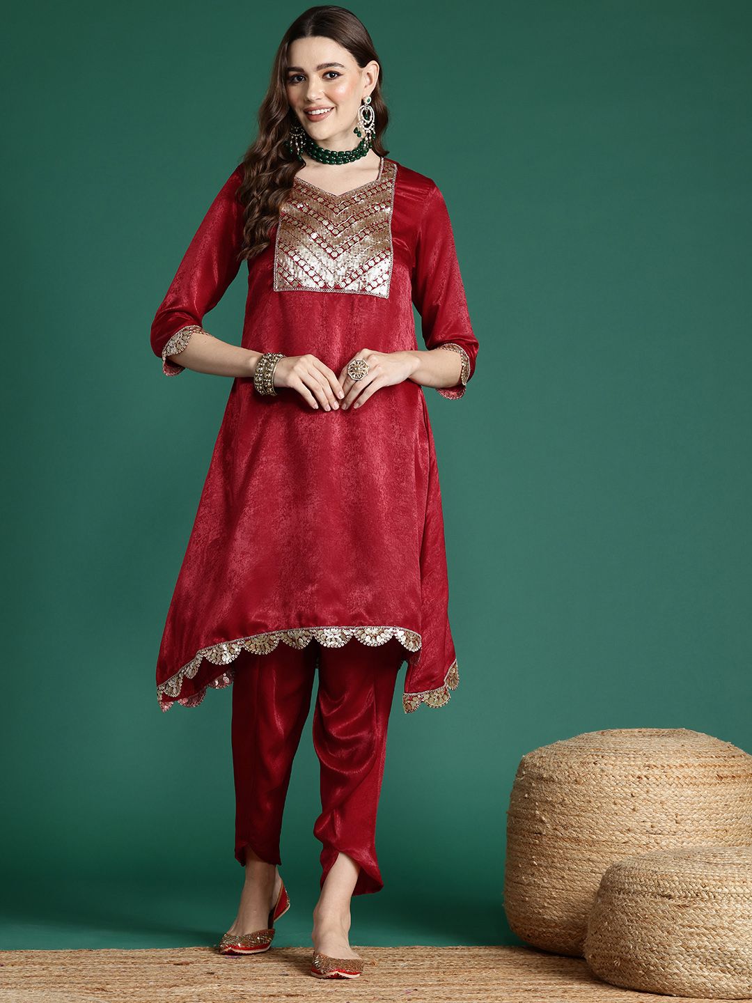 Indyancart SN Women's Velvet Finish Embellished Kurta Set