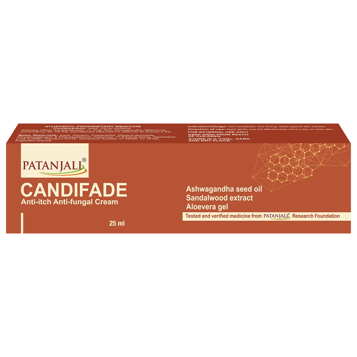 Patanjali Candifade Ayurvedic Anti Fungal Cream jar with label, creamy texture, and herbal ingredients visible.