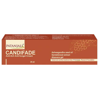 Patanjali Candifade Ayurvedic Anti Fungal Cream jar with label, creamy texture, and herbal ingredients visible.