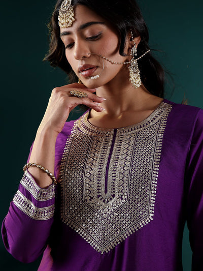 Indyancart VA Women's Floral Embroidered Regular Chanderi Silk Kurta with Trousers & With Dupatta