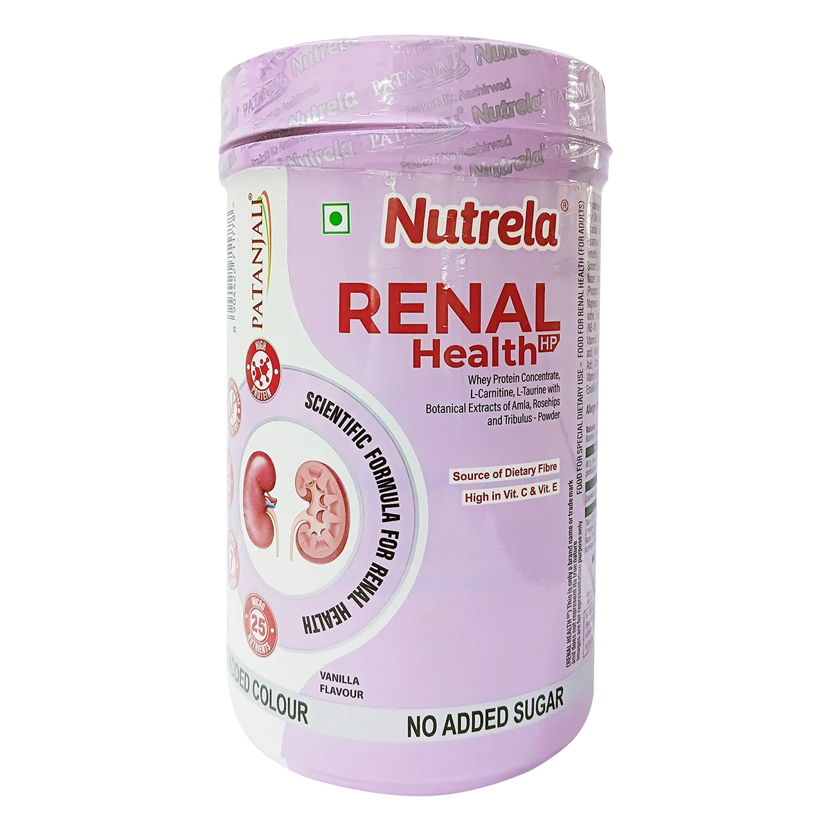 Patanjali Nutrela Renal Health Powder in a jar, Ayurvedic herbal supplement for kidney health, with a scoop and packaging visible.
