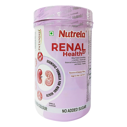 Patanjali Nutrela Renal Health Powder in a jar, Ayurvedic herbal supplement for kidney health, with a scoop and packaging visible.