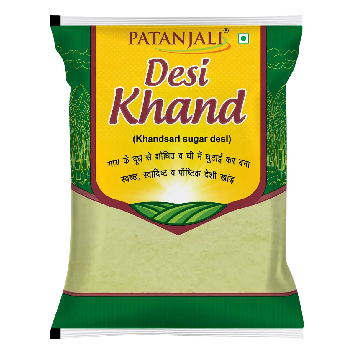 Patanjali Desi Khand natural sugar in a clear container, showcasing golden, crystalline granules for traditional sweetening.