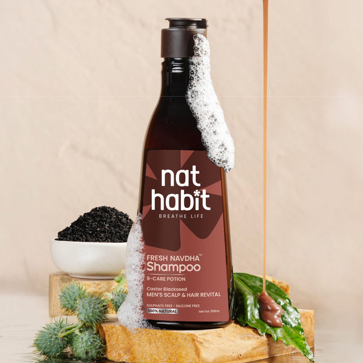 Nat Habit Castor Blackseed Navdha Shampoo, Sulphate Free Shampoo For Manageable Hair, Men'S Revital
