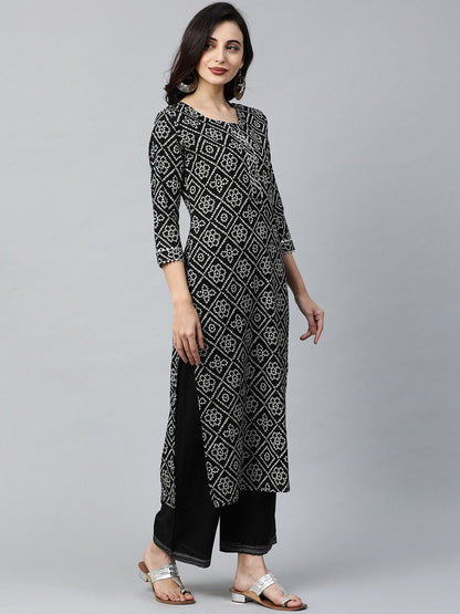 Indyancart IE Women Black & White Printed Straight Kurta
