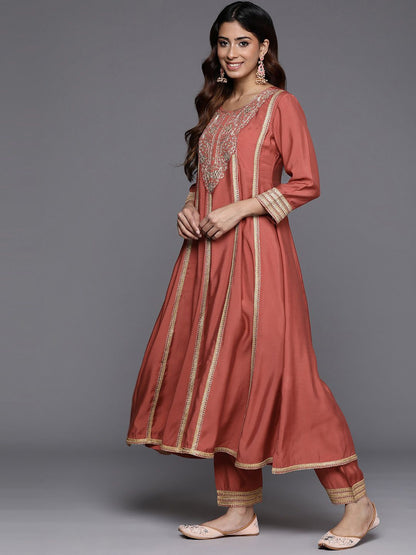 Indyancart VA Women'sFloral Embroidered Panelled Sequinned Kurta with Trousers & Dupatta