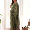 Women's Vichitra Silk Olive Embroidered Designer Saree With Blouse Piece
