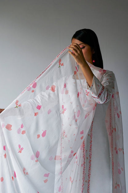Women's White Bougainvillea Cotton Printed Salwar Suit With Embroidery and Lace Detailing on Sleeves