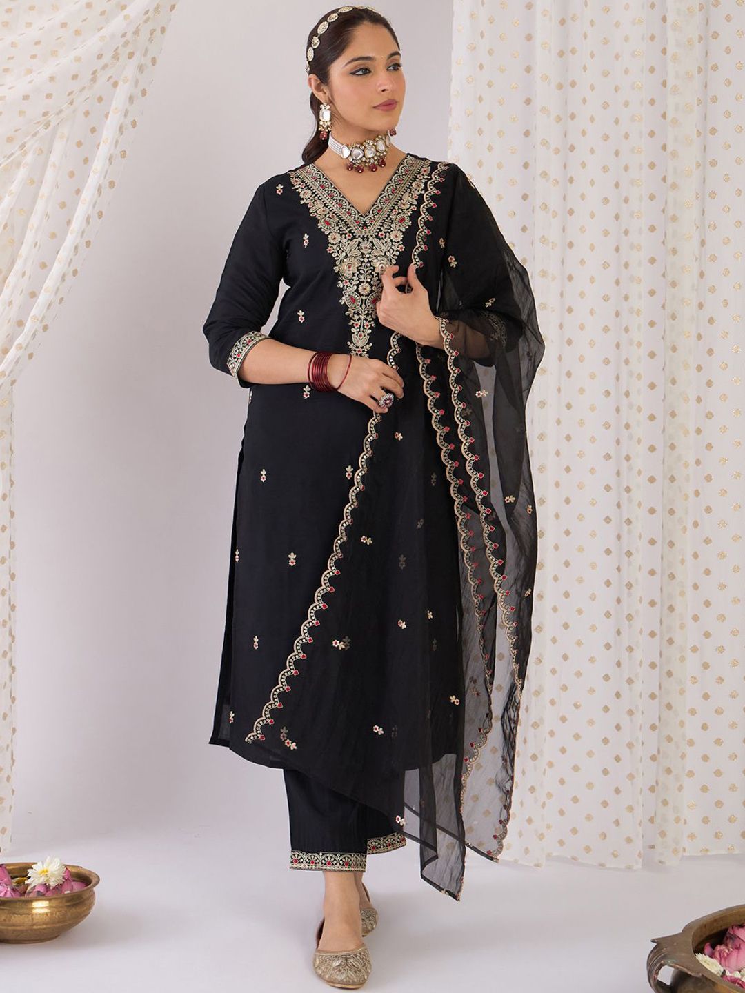 Indyancart IE Floral Embroidered V-Neck Zari Straight Kurta With Trouser And Dupatta