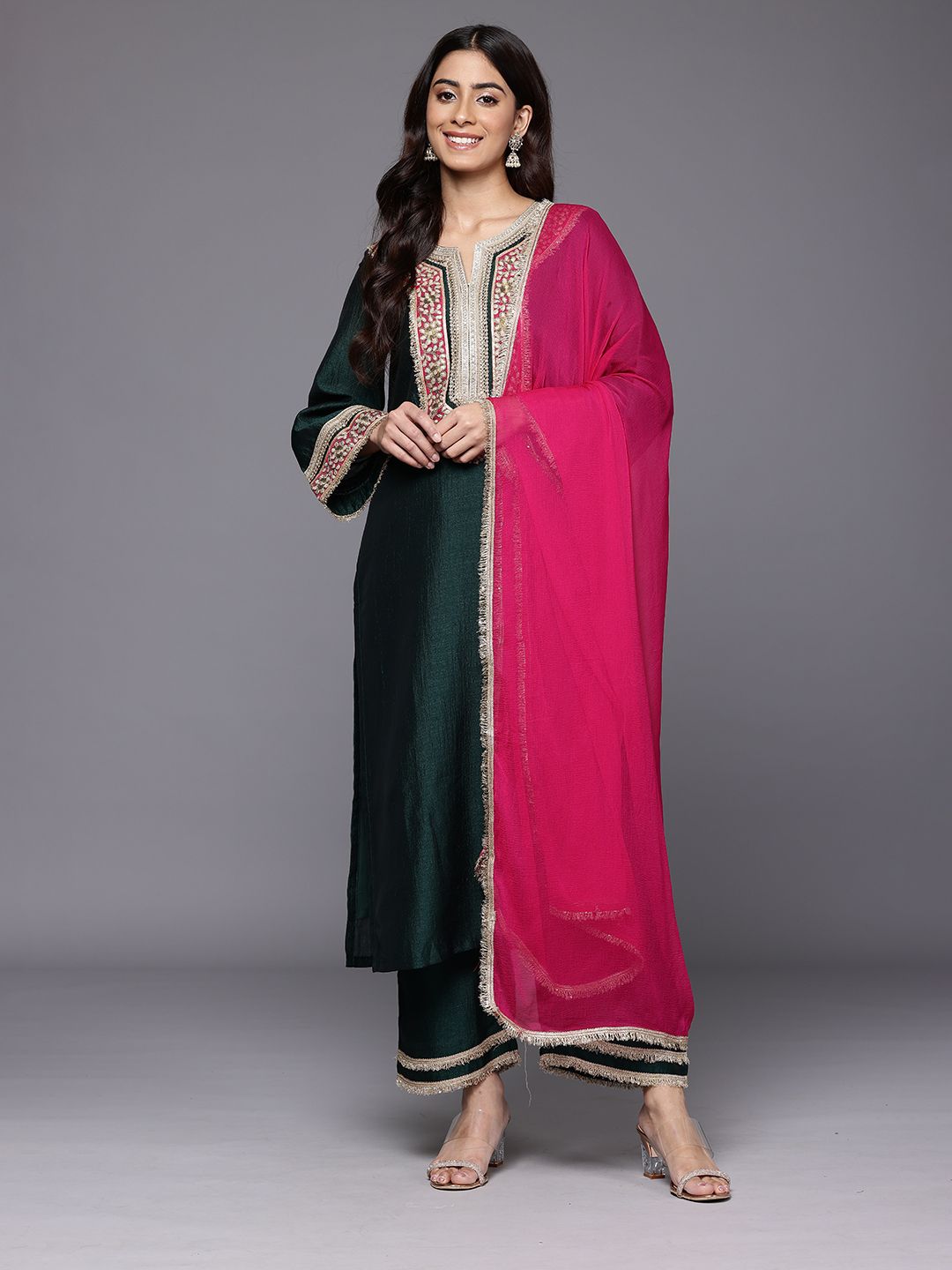 Indyancart VA Women's Yoke Design Gotta Patti Kurta with Trousers & Dupatta