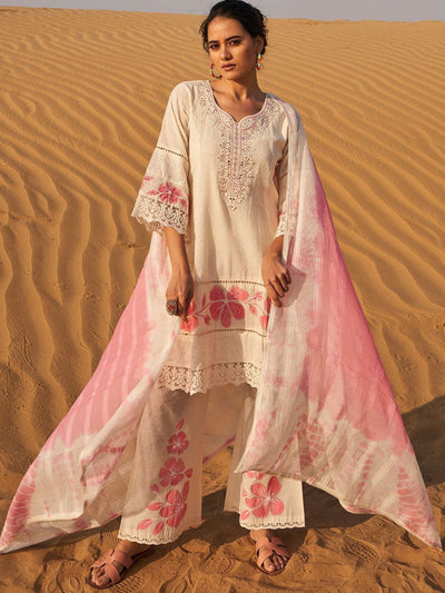 Dhiyona IE Floral Embroidered Mirror Work Panelled Pure Cotton Kurta With Palazzos & Dupatta