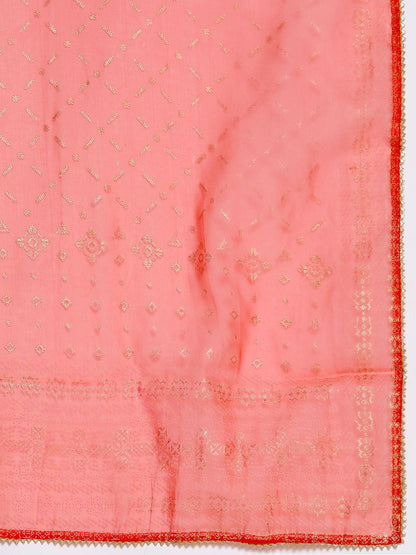Indyancart IE Women Orange Ethnic Motifs Printed Liva Kurta with Trousers & With Dupatta