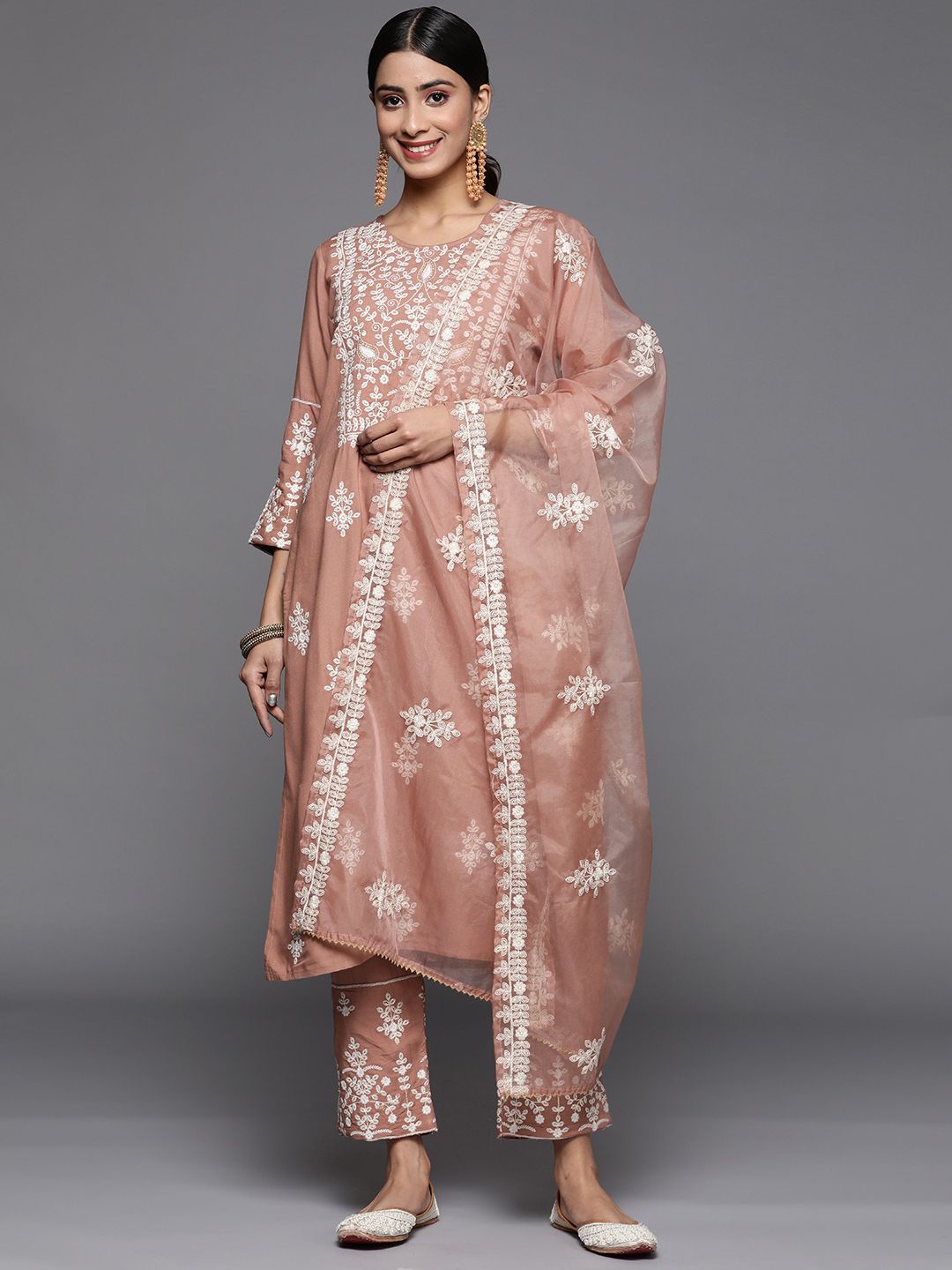 Dhiyona VA Women's Beige Thread Embroidered Pure Cotton Kurta with Trouser and Dupatta