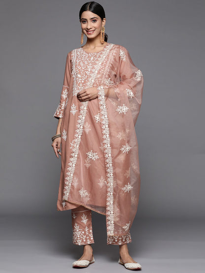 Dhiyona VA Women's Beige Thread Embroidered Pure Cotton Kurta with Trouser and Dupatta