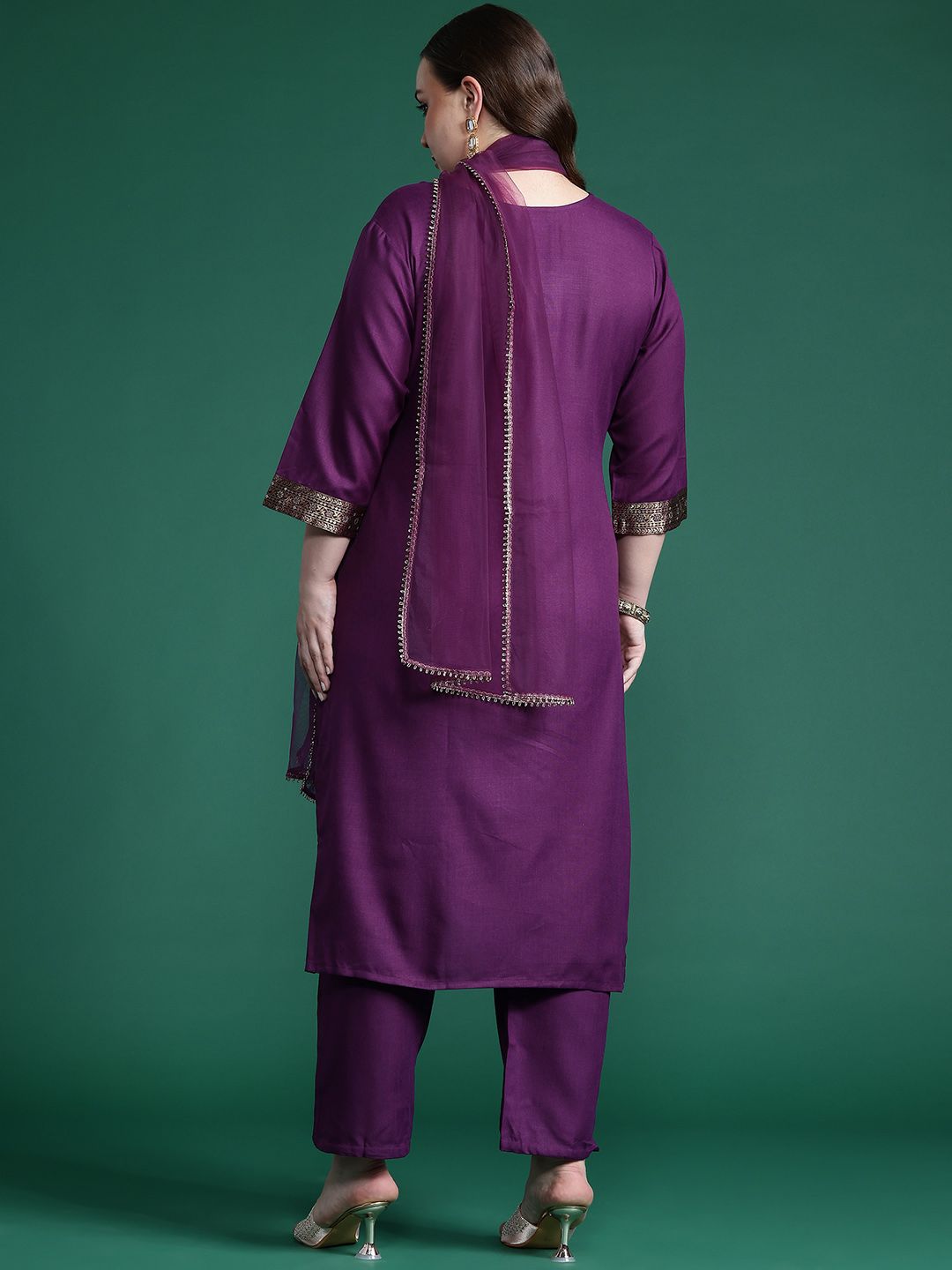 Indyancart IE Plus Size Yoke Design Zari Pure Cotton Kurta With Trousers & Dupatta