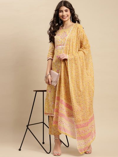 Indyancart SN Women's Yellow & Pink Floral Printed Pure-Cotton Straight Kurta With Trouser & Dupatta