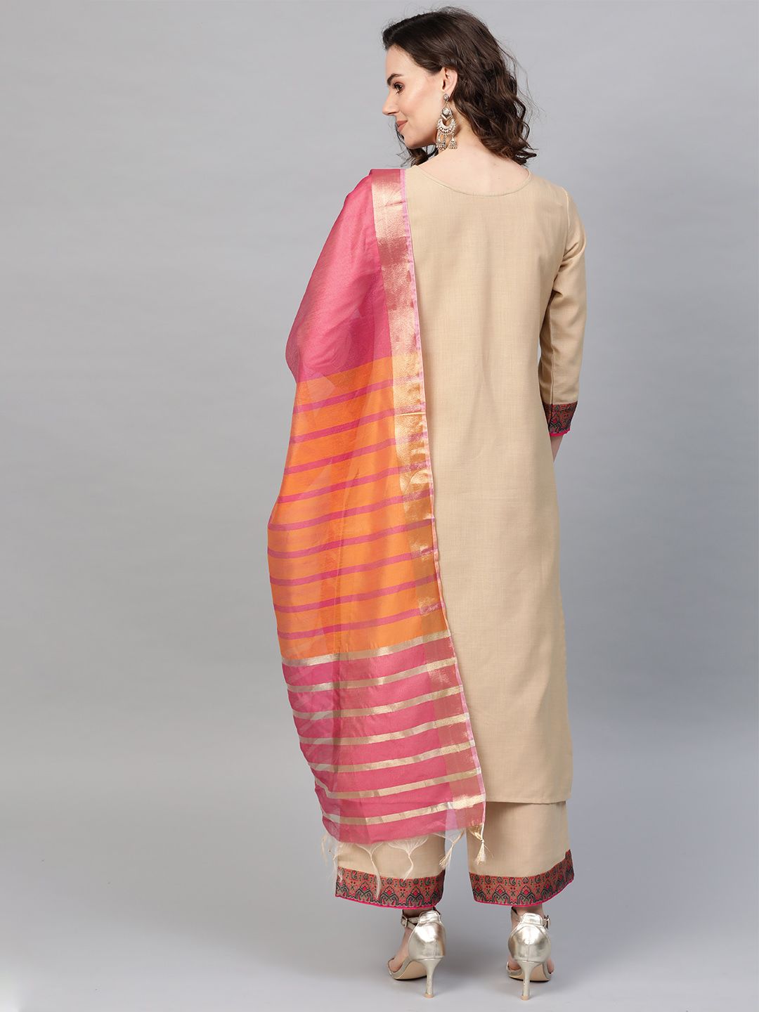 Women Beige & Pink Yoke Design Kurta with Palazzos & Dupatta