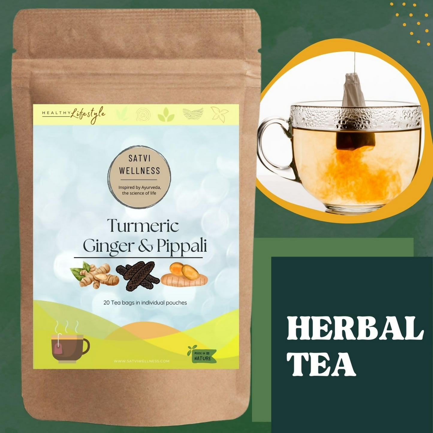 Satvi Wellness Turmeric Ginger Pippali Tea Bags | Herbal Tea