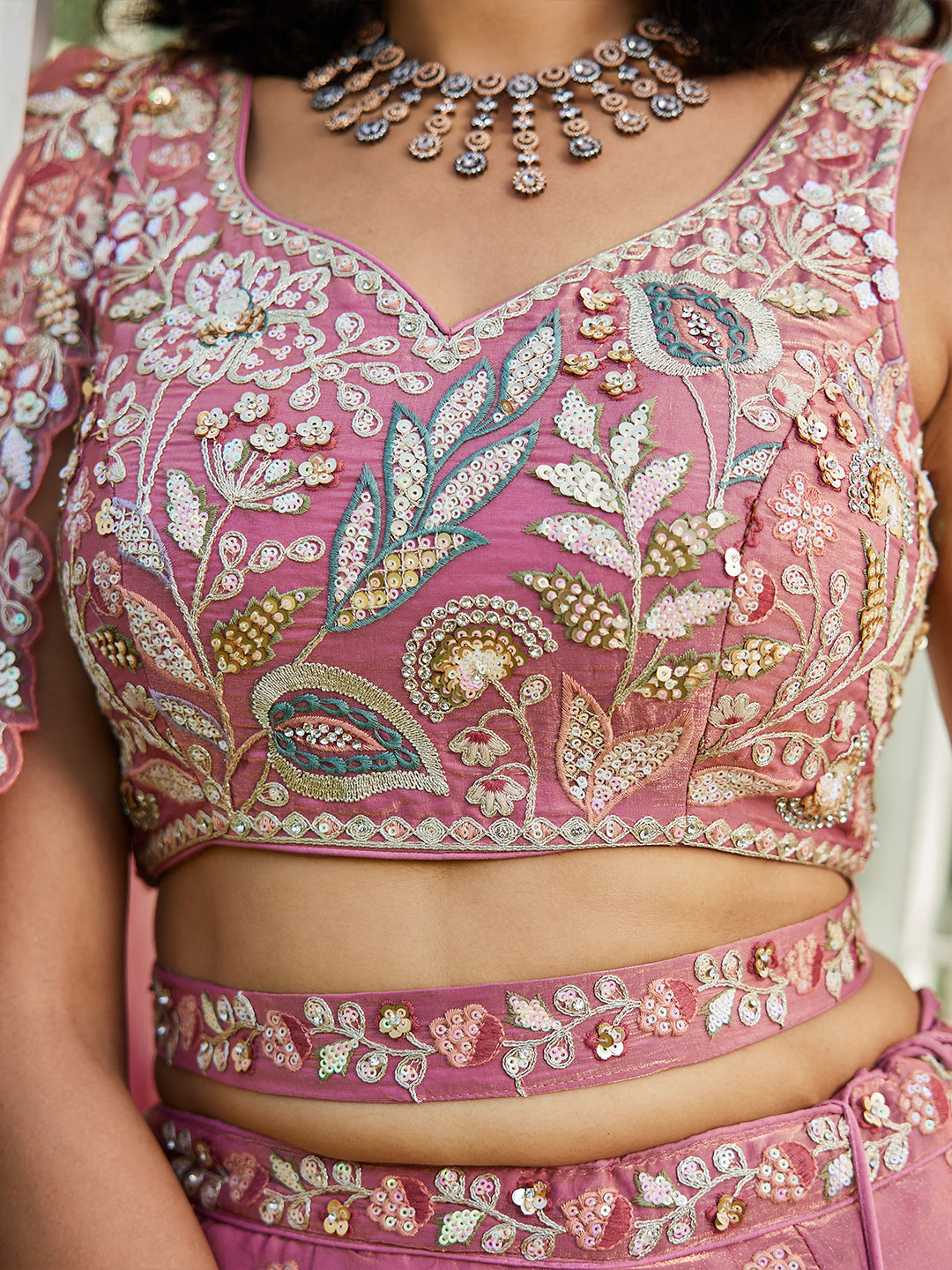 Pink colour Tissue Fabric with Sequinse & Thread embroidery  Lehenga choli & Dupatta