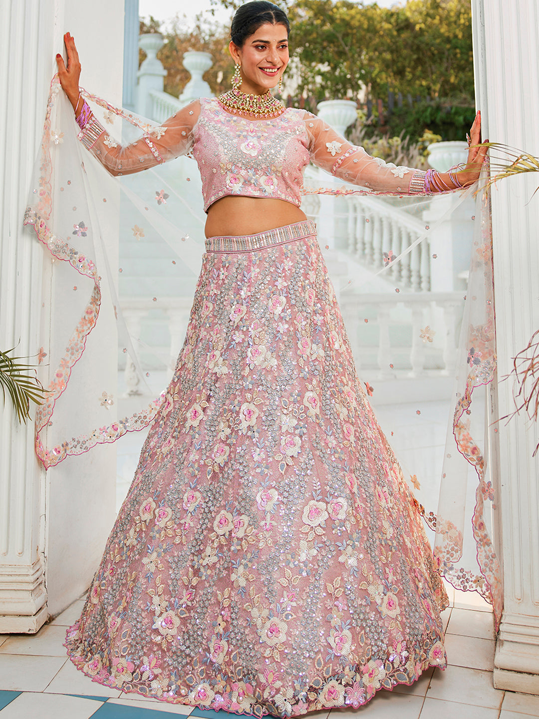 Grey net with Sequinse & Zarkan embroidery  Lehenga choli & Dupatta