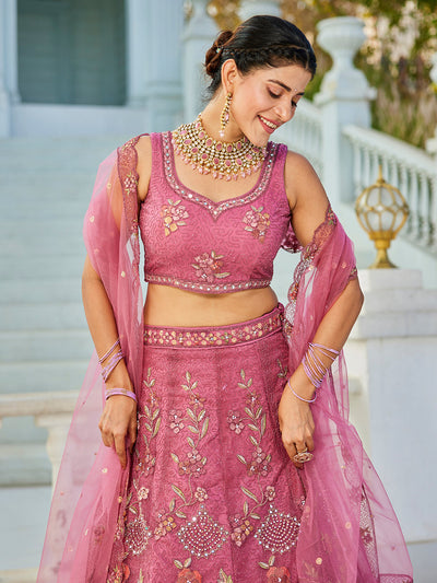 Pink net with Coding & Zarkan embroidery  Lehenga choli & Dupatta