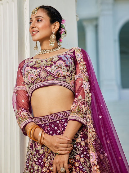 Burgundy net with Coding & Zarkan embroidery  Lehenga choli & Dupatta
