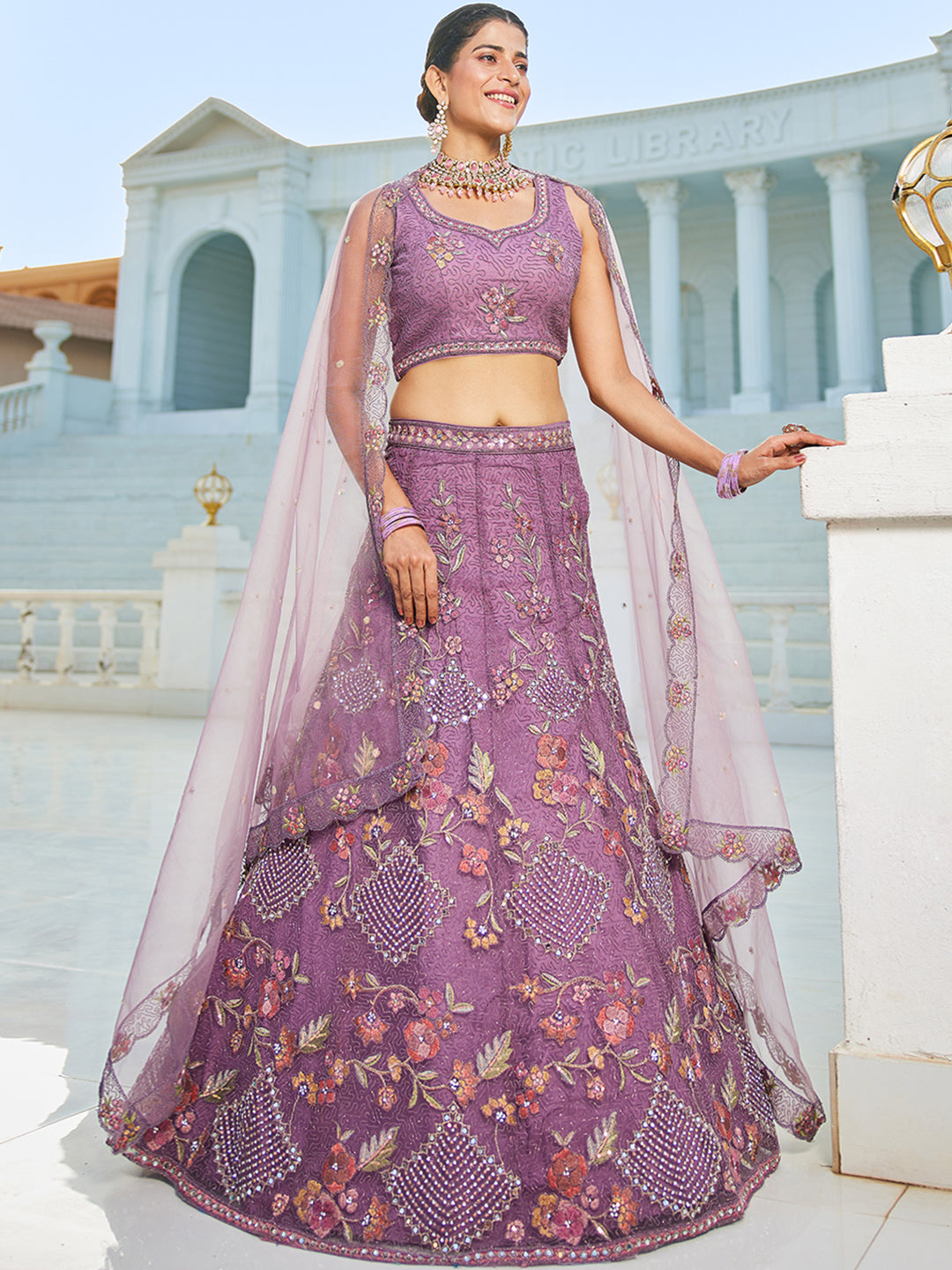 Purple net with Coding & Zarkan embroidery  Lehenga choli & Dupatta