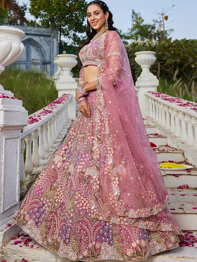 Pink net with Coding & Zarkan embroidery  Lehenga choli & Dupatta