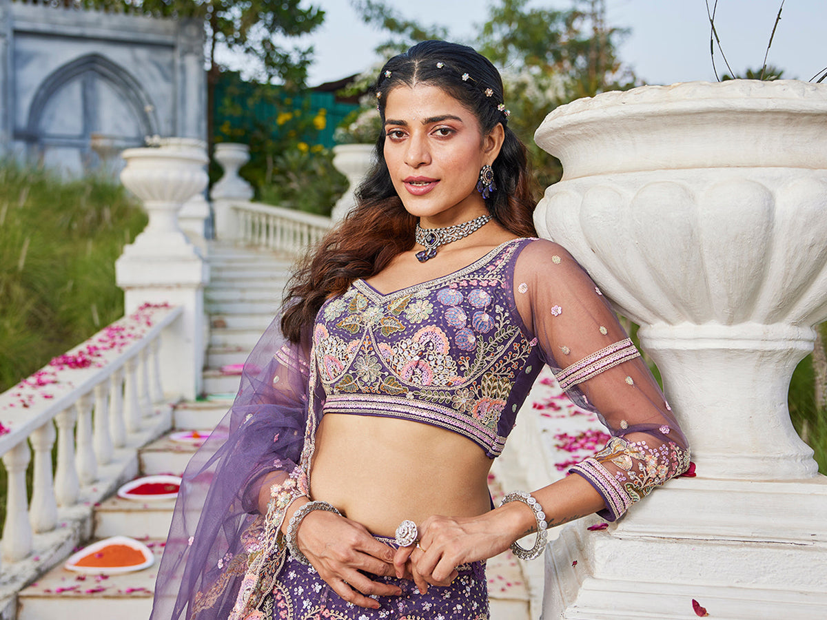 Purple net with Coding & Zarkan embroidery  Lehenga choli & Dupatta