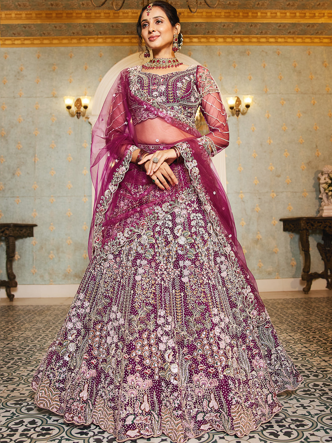 Burgundy net and Coding & Zarkan embroidery  Lehenga choli & Dupatta