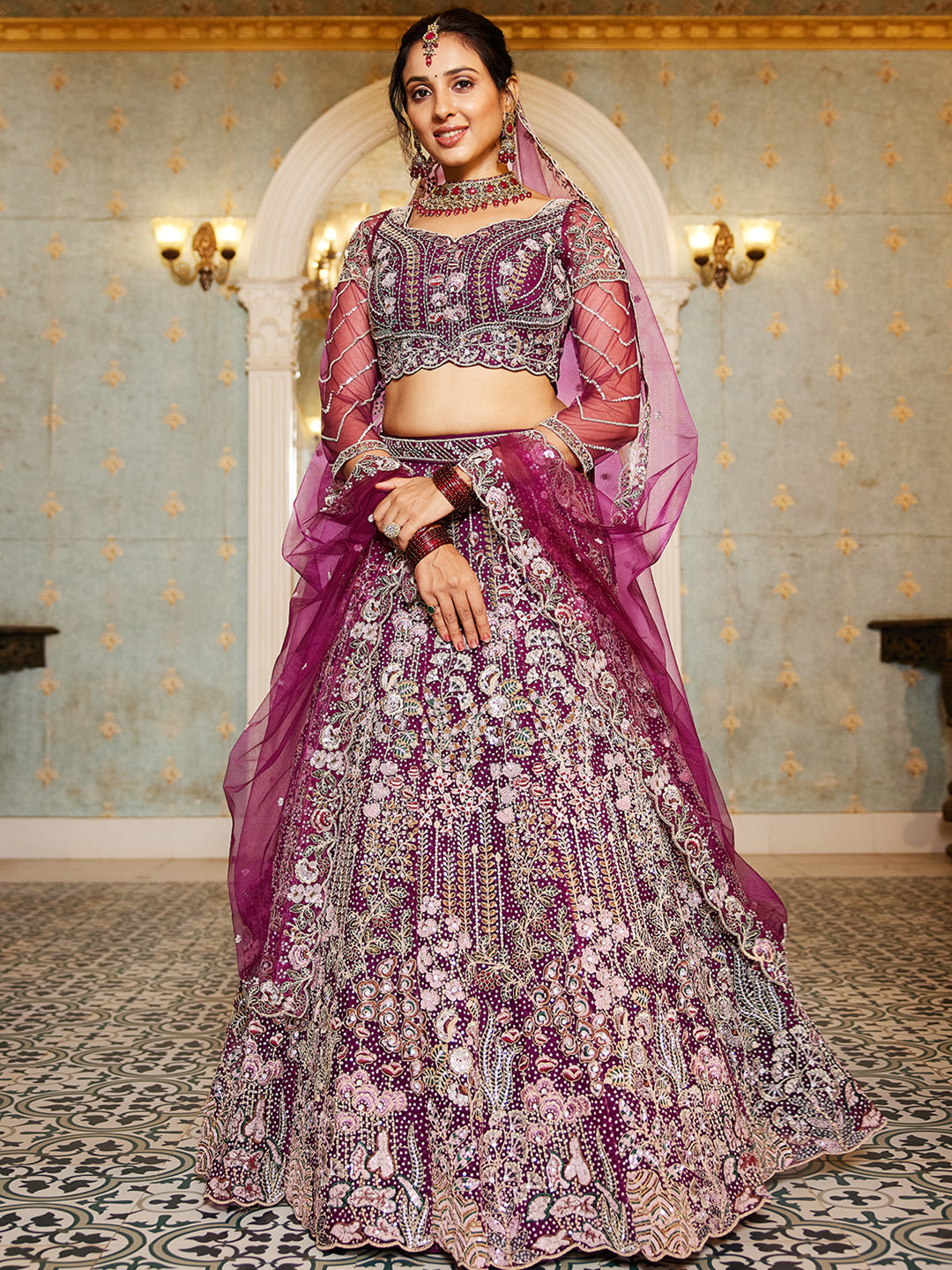 Burgundy net and Coding & Zarkan embroidery  Lehenga choli & Dupatta
