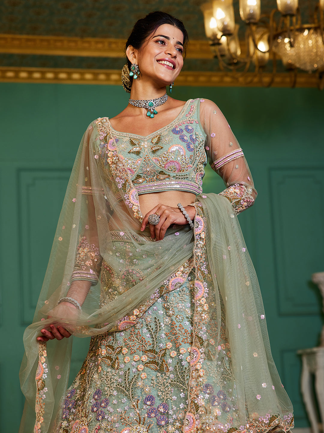 Lime Green net with Coding & Zarkan embroidery  Lehenga choli & Dupatta
