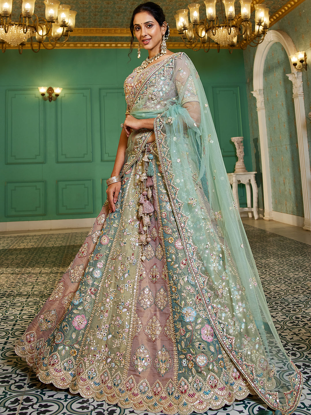 Multi colour Bridel net and Gotapatti & Moti embroidery  Lehenga choli & Dupatta