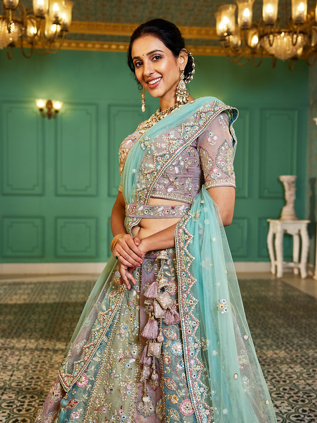 Multi colour Bridel net and Gotapatti & Moti embroidery  Lehenga choli & Dupatta