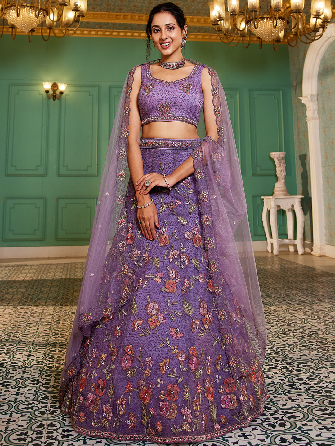 Purple net with Coding & Zarkan embroidery  Lehenga choli & Dupatta