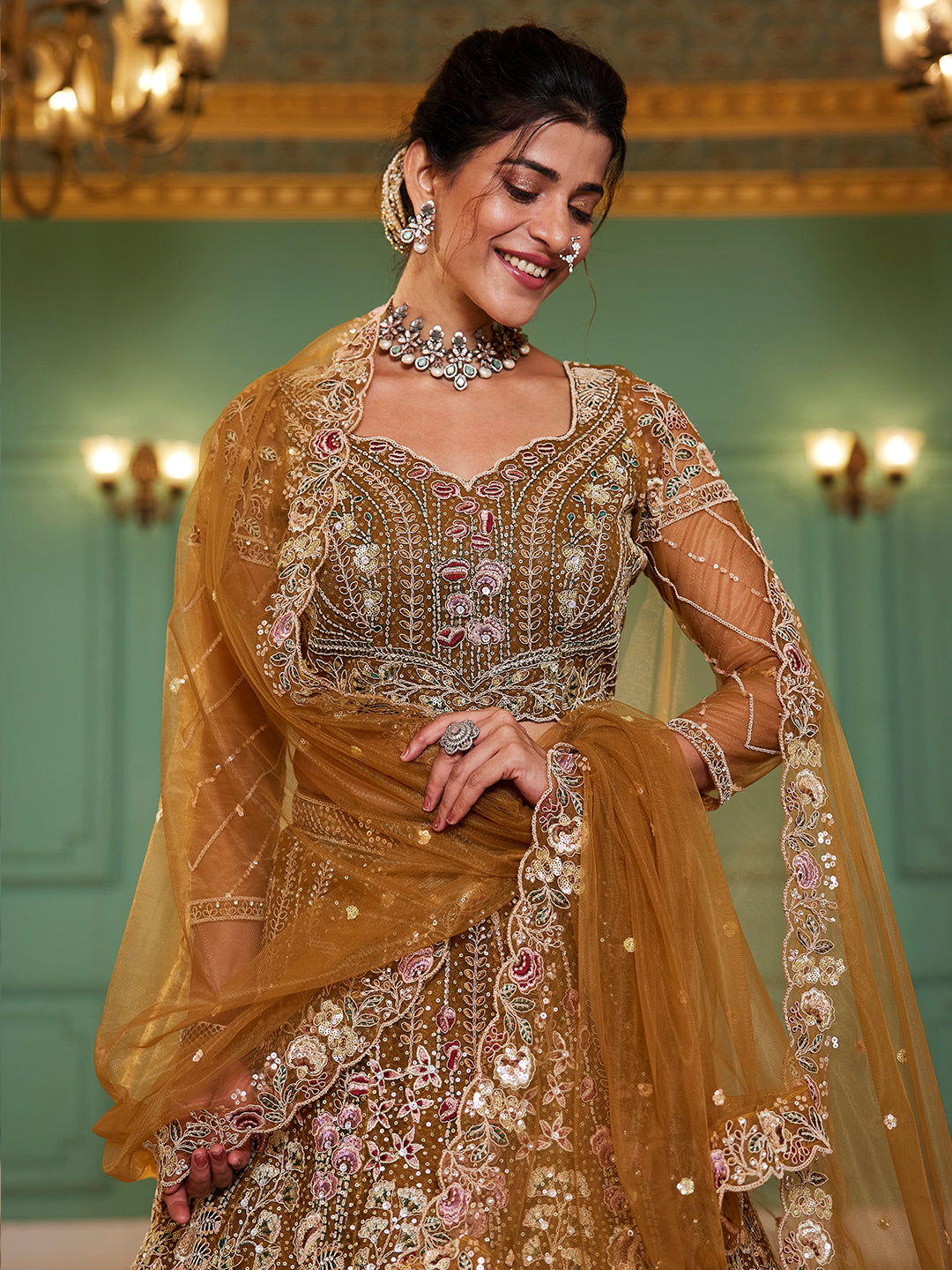 Mustard net and Coding & Zarkan embroidery  Lehenga choli & Dupatta