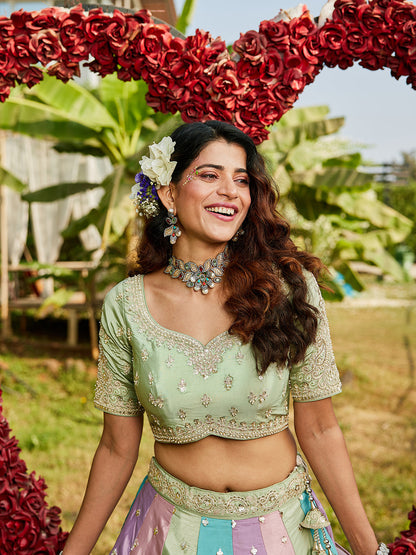 Multi colour Satin silk Fabric with Sequinse & Thread embroidery  Lehenga choli & Dupatta