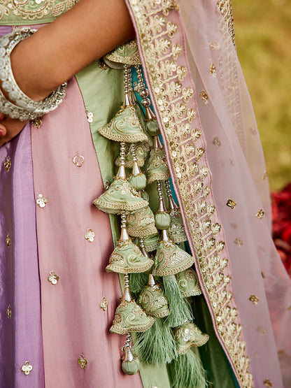 Multi colour Satin silk Fabric with Sequinse & Thread embroidery  Lehenga choli & Dupatta