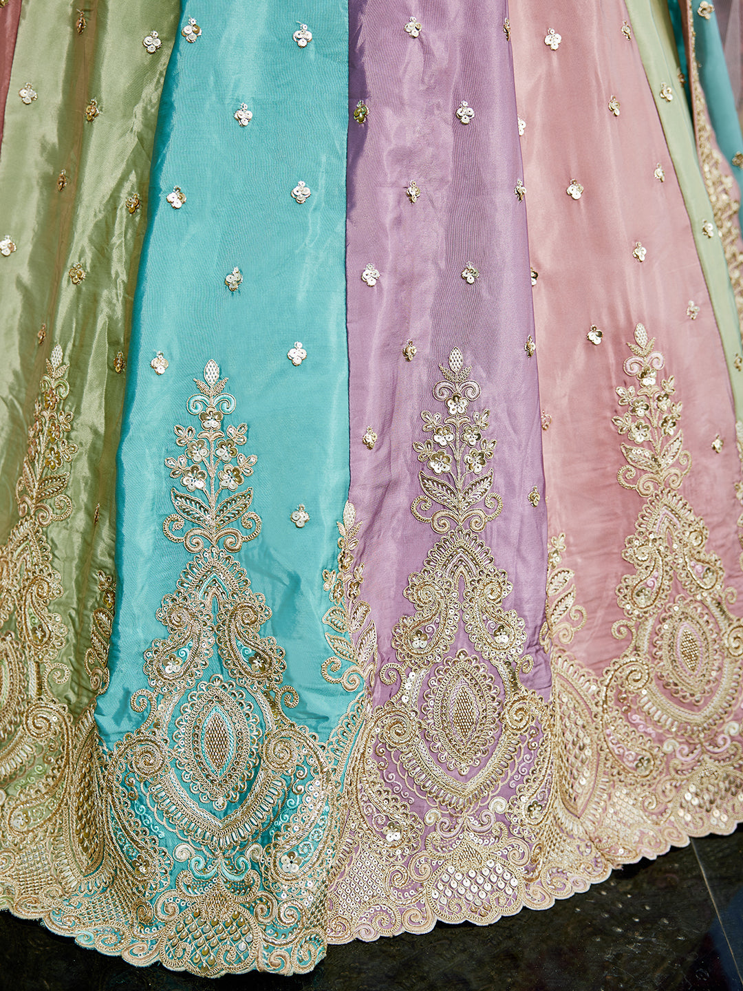 Multi colour Satin silk Fabric with Sequinse & Thread embroidery  Lehenga choli & Dupatta
