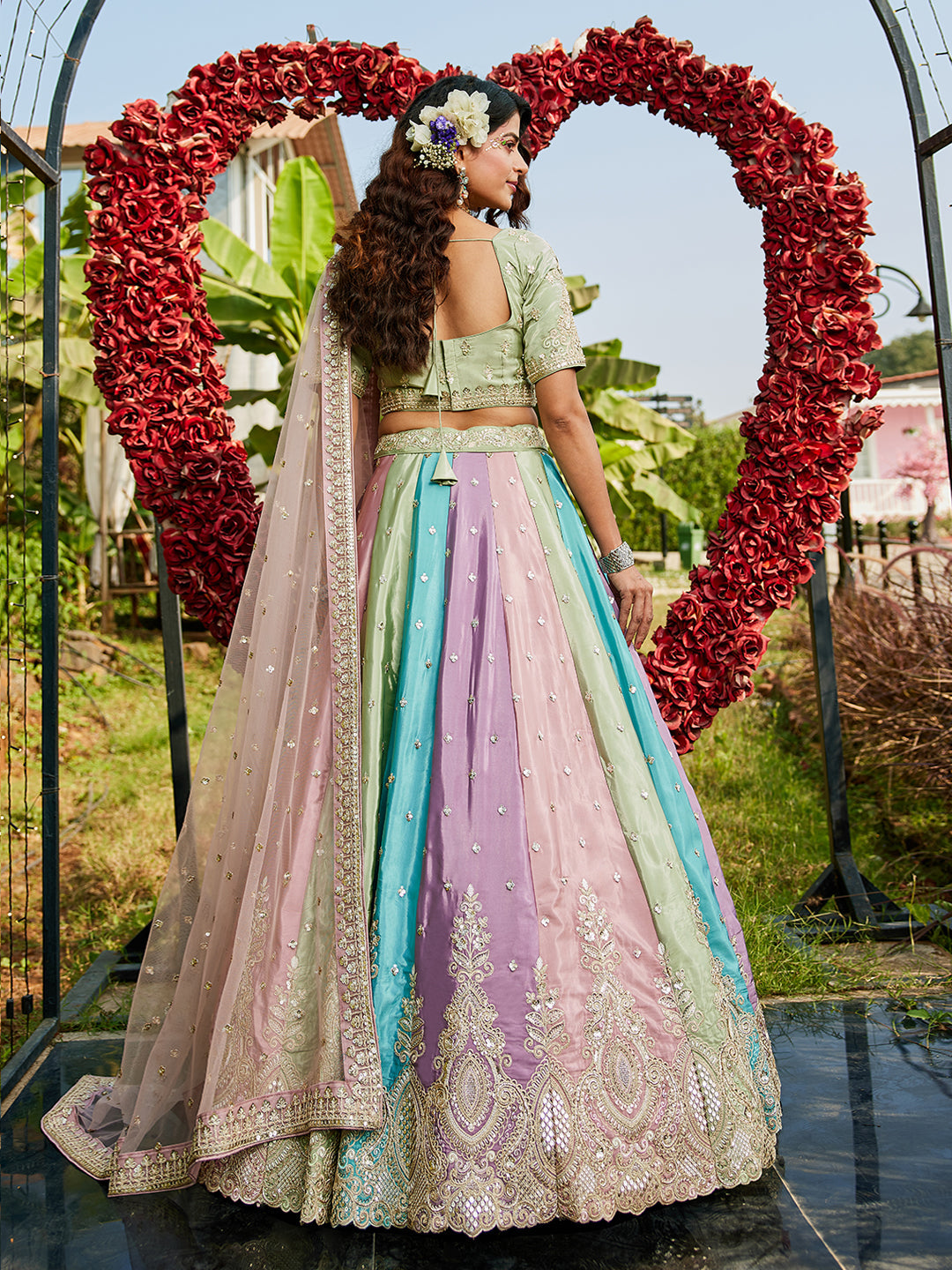 Multi colour Satin silk Fabric with Sequinse & Thread embroidery  Lehenga choli & Dupatta