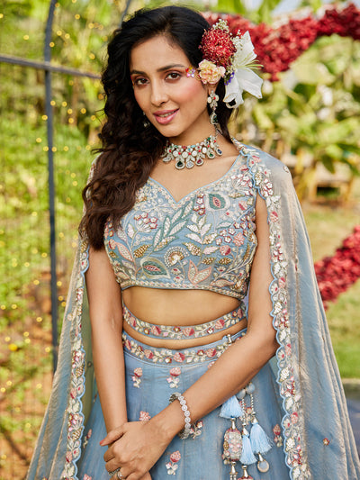 Blue colour Tissue Fabric with Sequinse & Thread embroidery  Lehenga choli & Dupatta