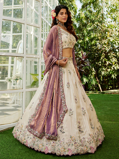Women's Cream colour tissue Fabric with Sequinse & Thread embroidery Lehenga choli & Dupatta