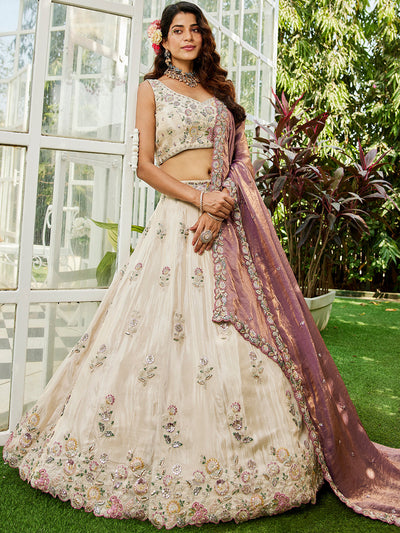 Women's Cream colour tissue Fabric with Sequinse & Thread embroidery Lehenga choli & Dupatta