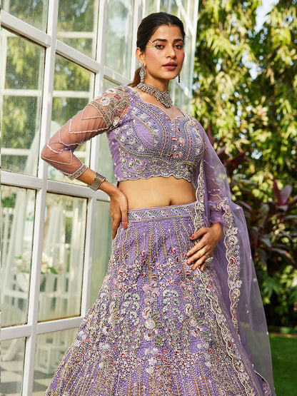 Mauve net and Coding & Zarkan embroidery  Lehenga choli & Dupatta