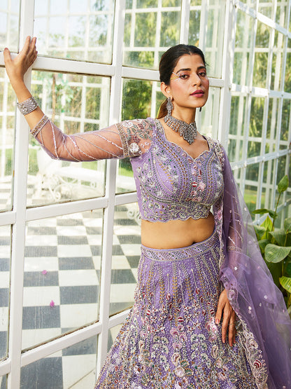 Mauve net and Coding & Zarkan embroidery  Lehenga choli & Dupatta