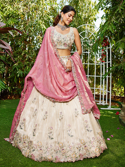 Women's Cream colour tissue Fabric with Sequinse & Thread embroidery Lehenga choli & Dupatta