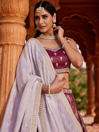 Women's Burgundy Tissue Sequinse embroidery Lehenga choli & Dupatta