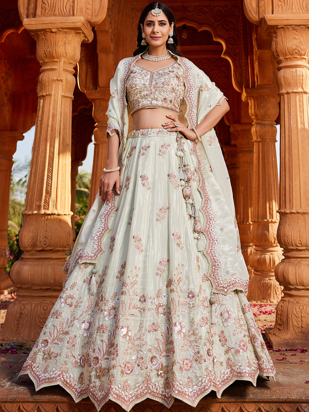 Women's Lime green Tissue Sequinse embroidery Lehenga choli & Dupatta