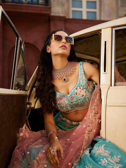 Women's Turquoise blue Satin Silk Sequins embroidery Lehenga choli & Dupatta